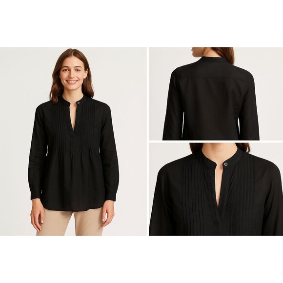 Theory Blouse Womens P Petite Blk 100% Cotton Pintuck Sheer Top Minimalist Luxe - Picture 1 of 9